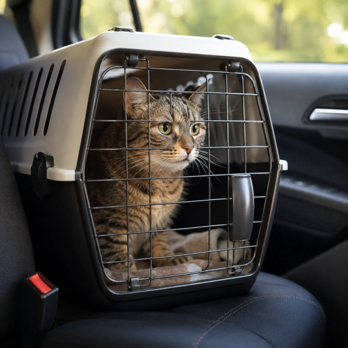 Kot w zamkniętym transporterze ustawionym na tylnej kanapie samochodu