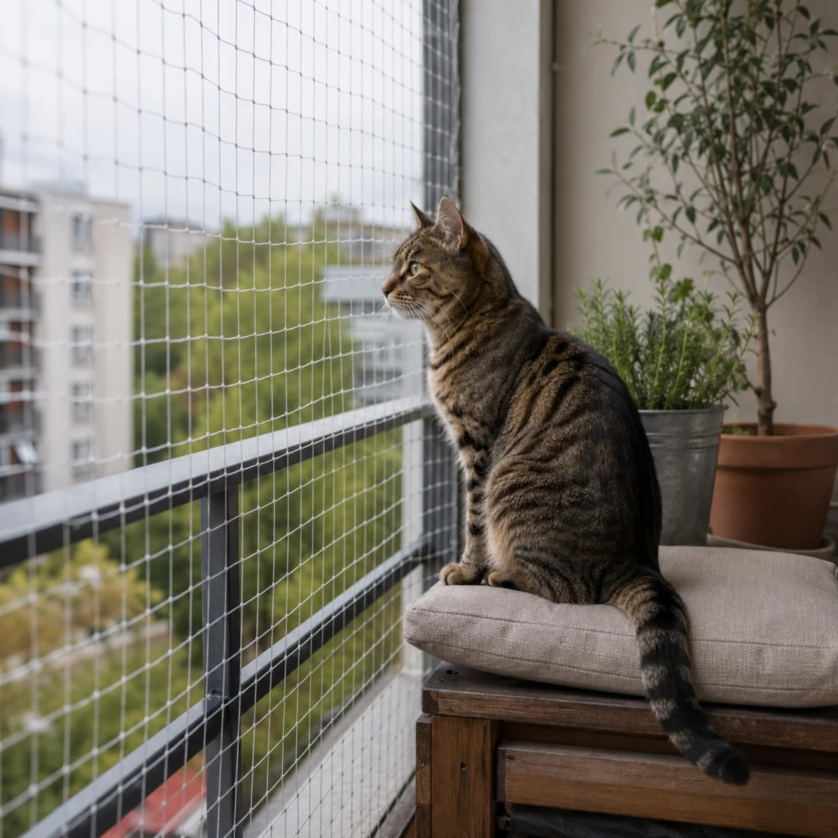 Pręgowany kot obserwujący otoczenie przez siatkę balkonową