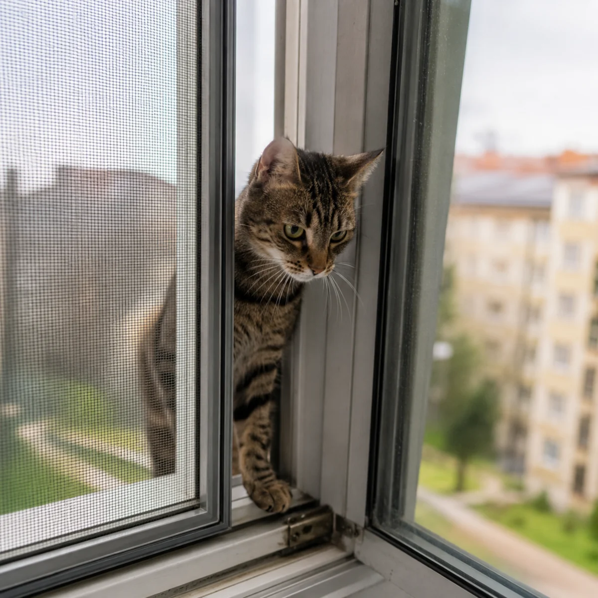 Kot próbujący przejść przez wąską szczelinę przy otwartym oknie