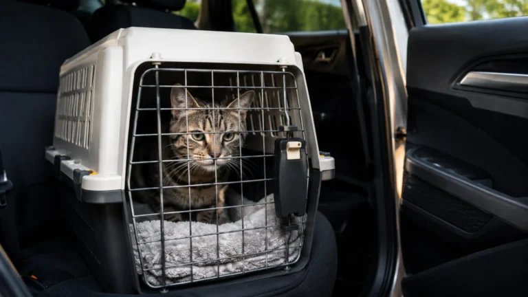 Kot w transporterze ustawionym w samochodzie przed rozpoczęciem podróży