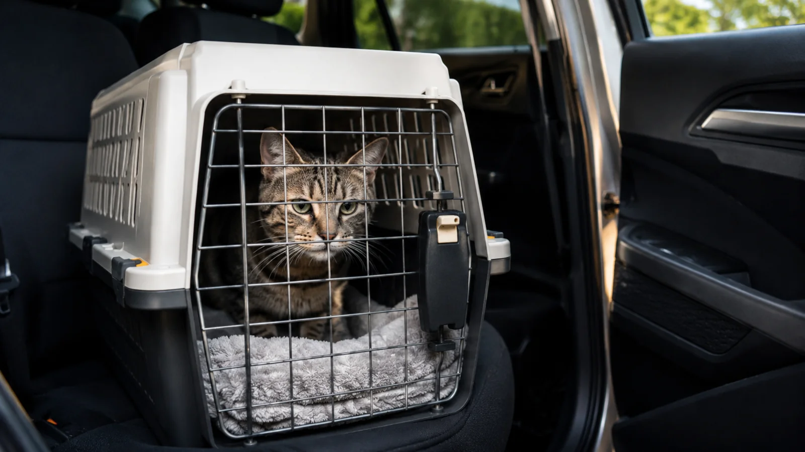 Kot w transporterze ustawionym w samochodzie przed rozpoczęciem podróży