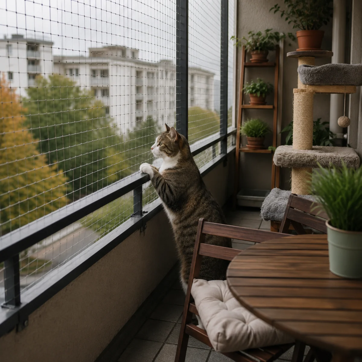 Kot stojący przy balustradzie na osiatkowanym balkonie