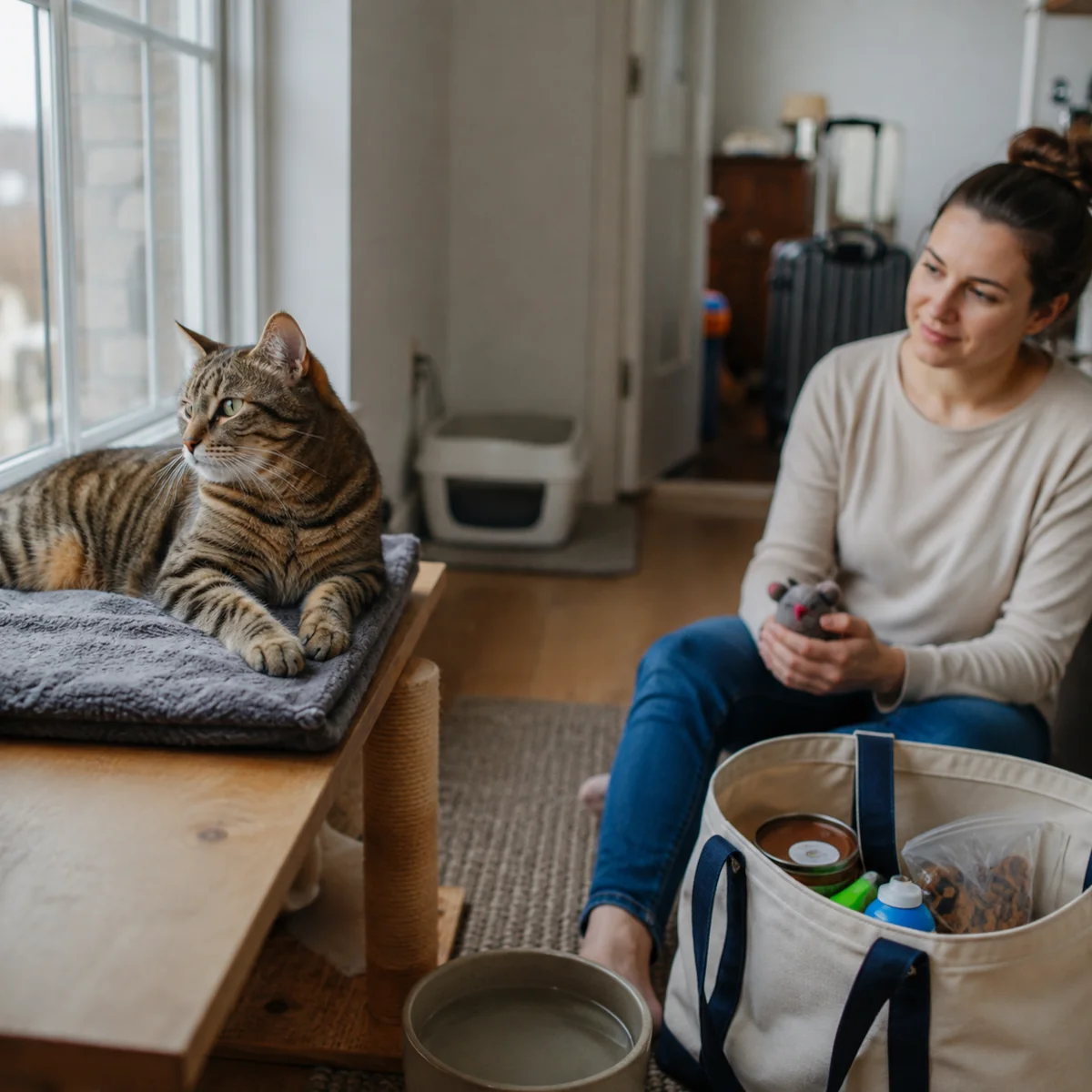 Kot odpoczywa przy oknie, a petsitterka przygotowuje akcesoria potrzebne do domowej opieki.